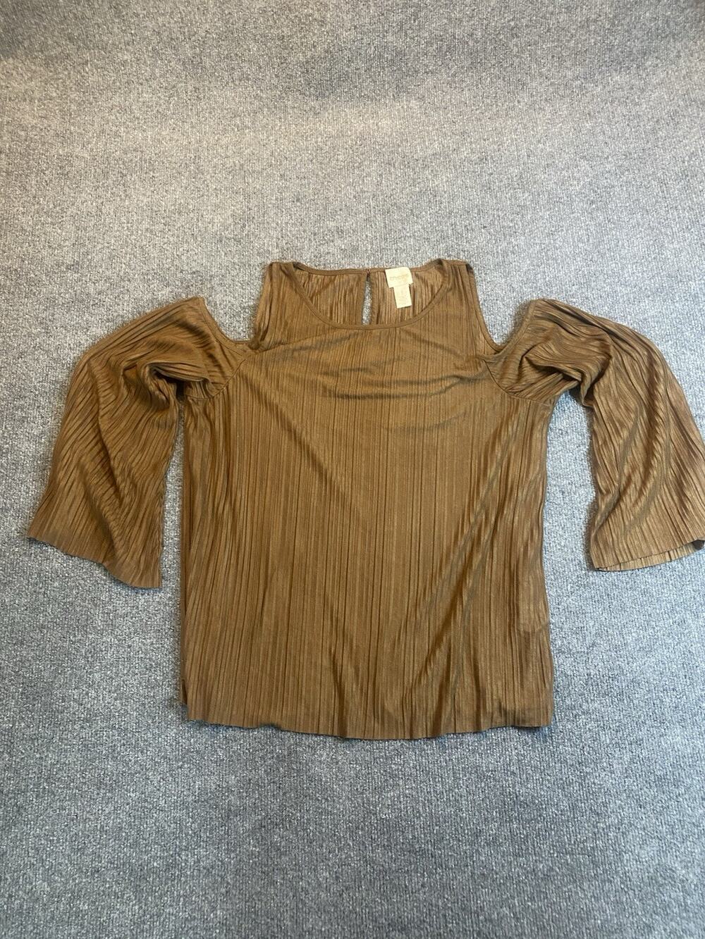 Chico's Women's Brown Pleated Cold Shoulder 3/4 Sleeve Blouse Size 8-10 Medium